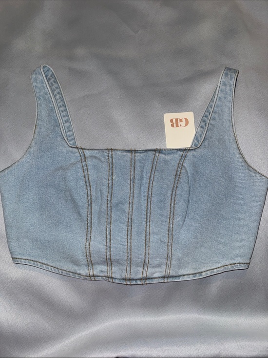 Gianni Bini Tops - GB Juniors Denim Corset with Contrast Stitching, Light Blue Size M